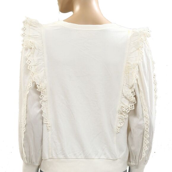 By Anthropologie Ruffle-Sleeve Lace Sweatshirt Top Eyelet Cotton SP New 284729 - Picture 6 of 7